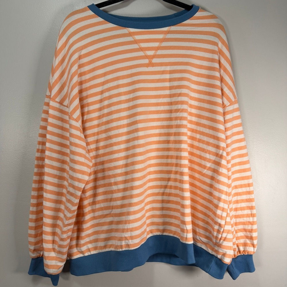 Womens XL Orange White Striped Sweatshirt Blue Trim Oversized Long Sleeve Comfy